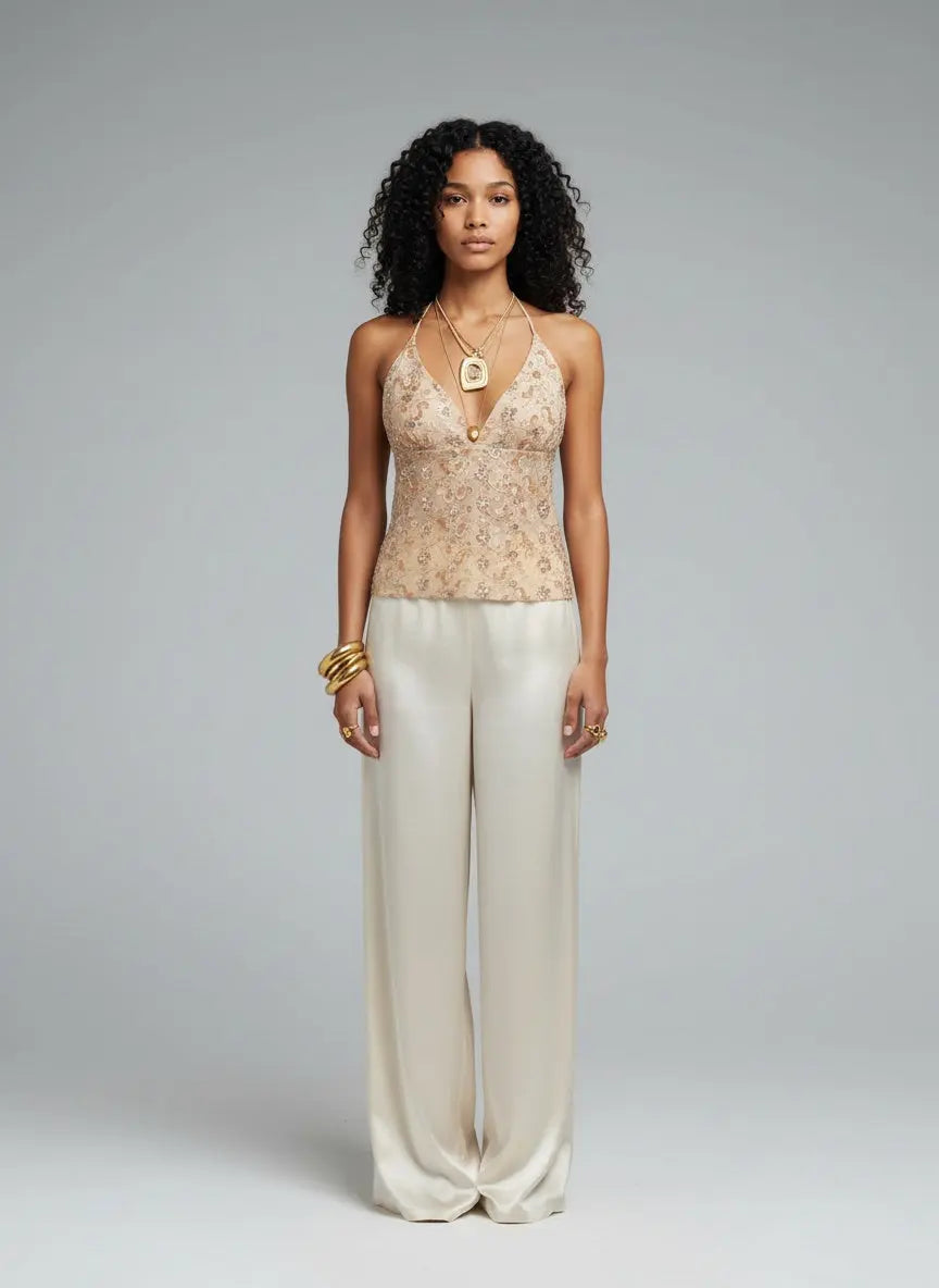 Full body view of the model wearing Sequin Embellished Halter Neck Cami