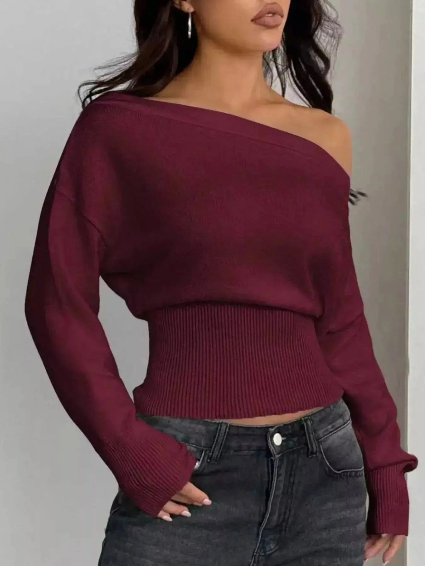 One Shoulder Cropped Sweater - DaisyDrop 