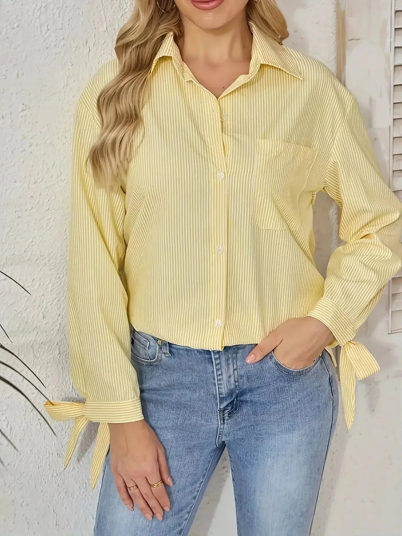 Striped Tie-Cuff Long Sleeve Shirt - DaisyDrop 