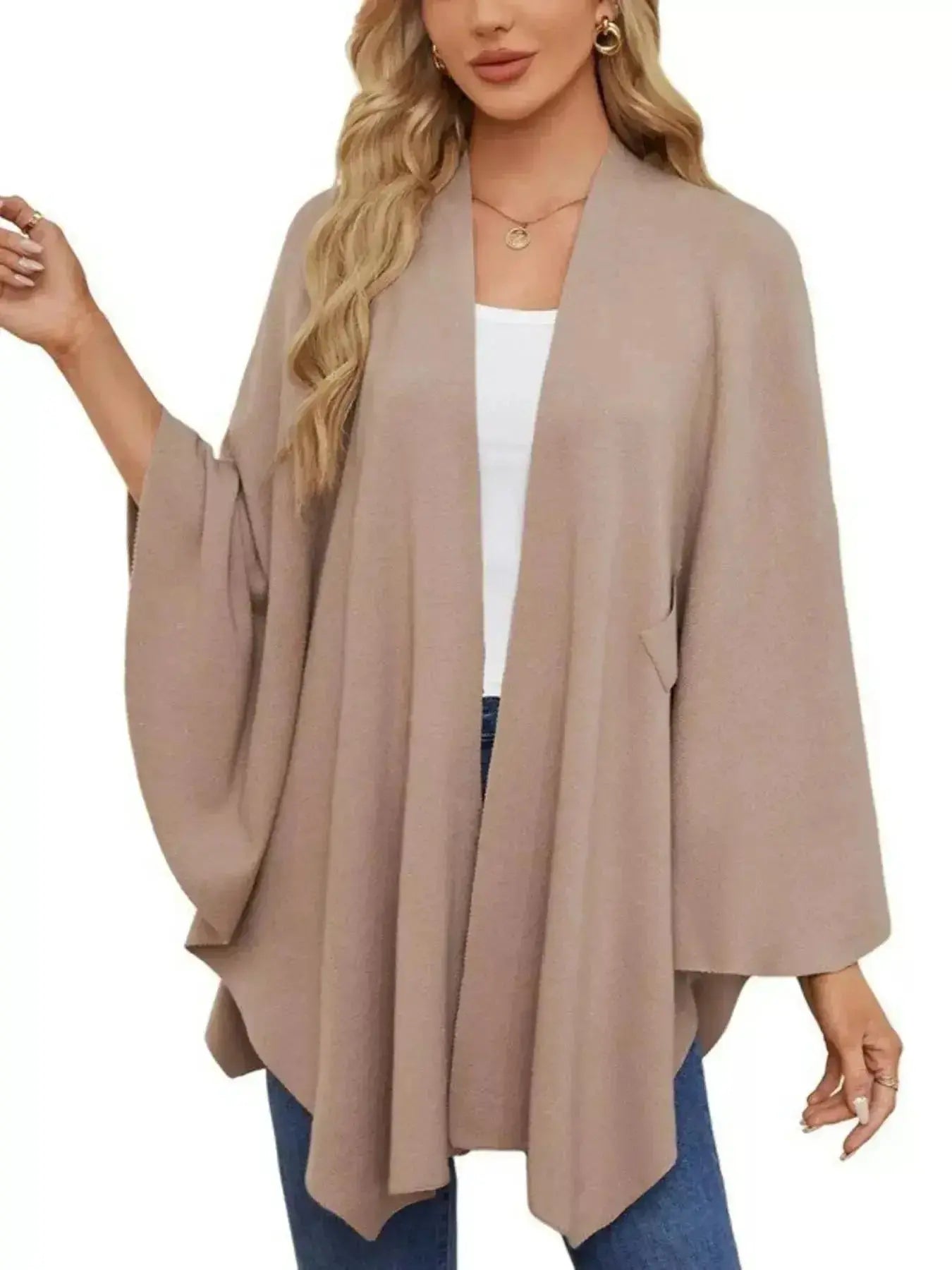 Solid Color Tie-Front Knit Cape Top - DaisyDrop 