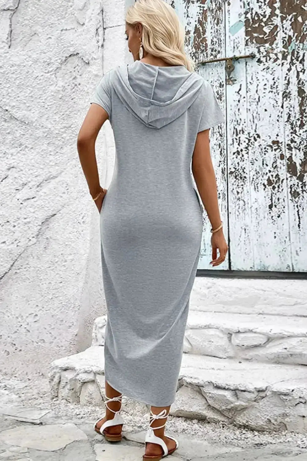 Perfee Short Sleeve Front Slit Hooded Dress - DaisyDrop 