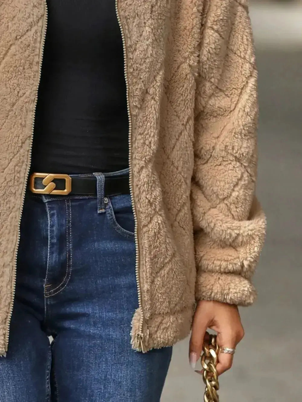 Fuzzy Pocketed Zip Up Jacket - DaisyDrop 