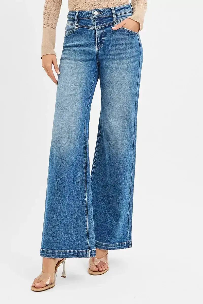 RISEN High Rise Wide Leg Jenas with Front Yoke and Heart Back Pocket - DaisyDrop 