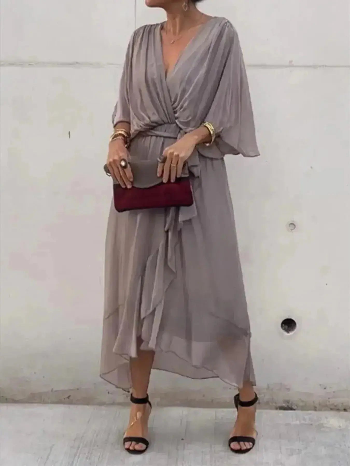 Full Size Flowy Tie Front Midi Dress with Flutter Sleeves Plus Size - DaisyDrop 