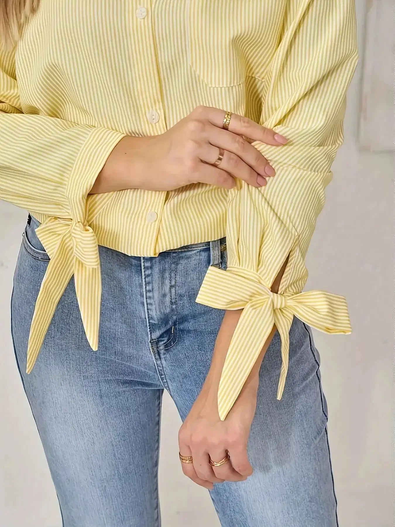 Striped Tie-Cuff Long Sleeve Shirt - DaisyDrop 