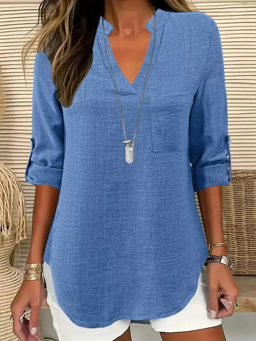 Casual Notched Roll-Up Sleeve Blouse - DaisyDrop 