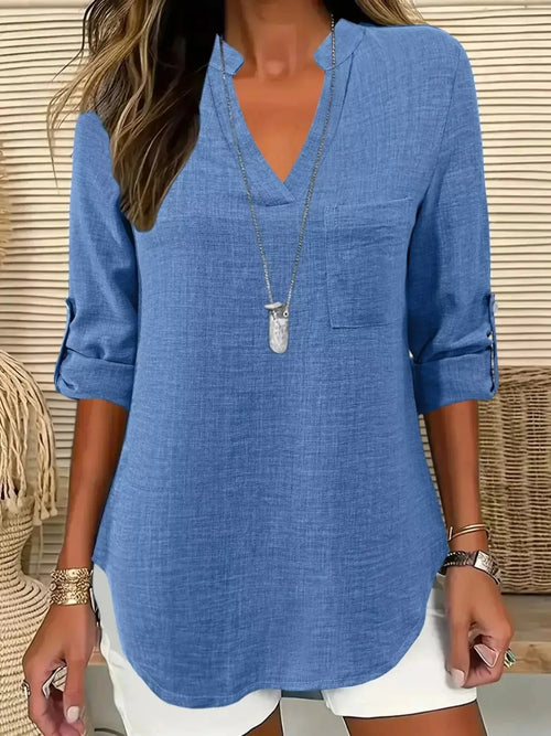 Casual Notched Roll-Up Sleeve Blouse - DaisyDrop 