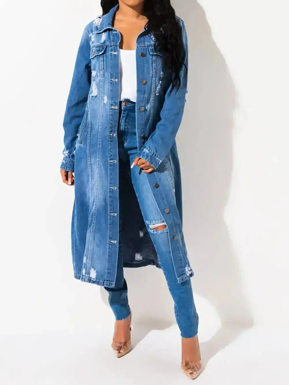 Long Sleeve Raw Hem Denim Jacket - DaisyDrop 