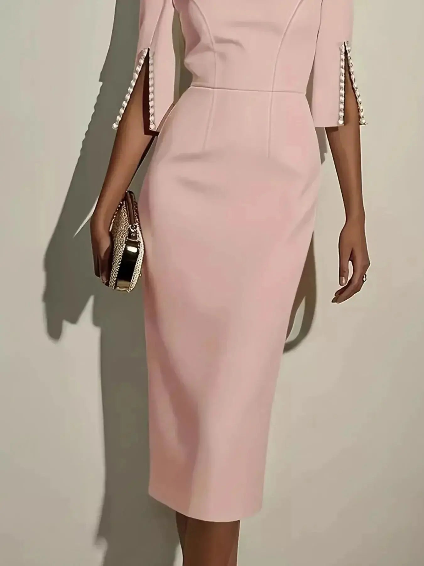 Slim-Fit Elegant Midi Dress with Beaded Slit Sleeve - DaisyDrop 