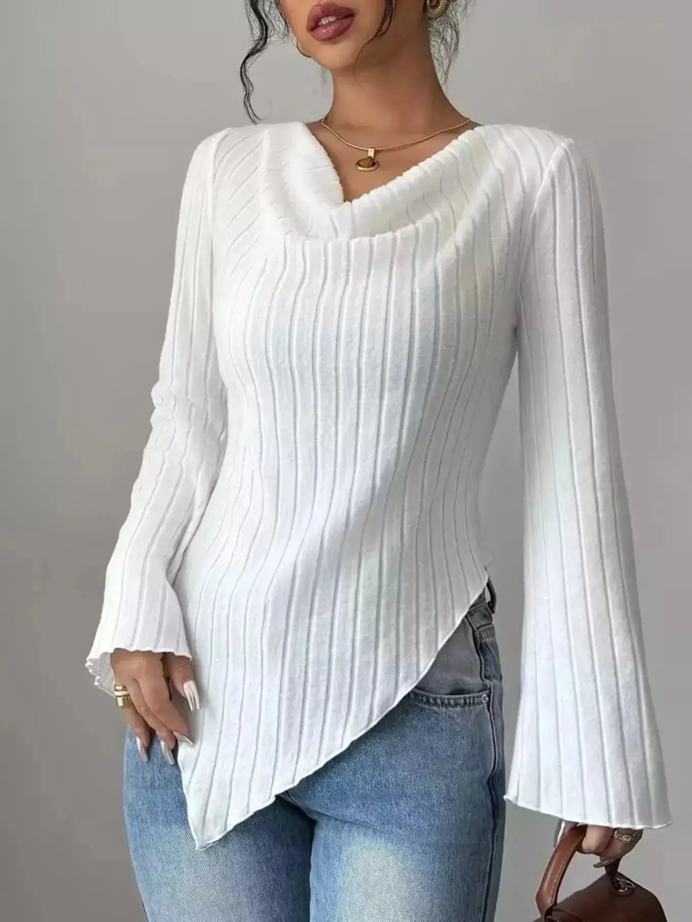 Cowl Neck Ribbed Knit Top - DaisyDrop 