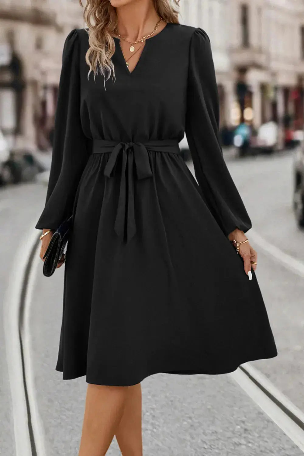 Tie Waist Notched Neck Long Sleeve Dress - DaisyDrop 