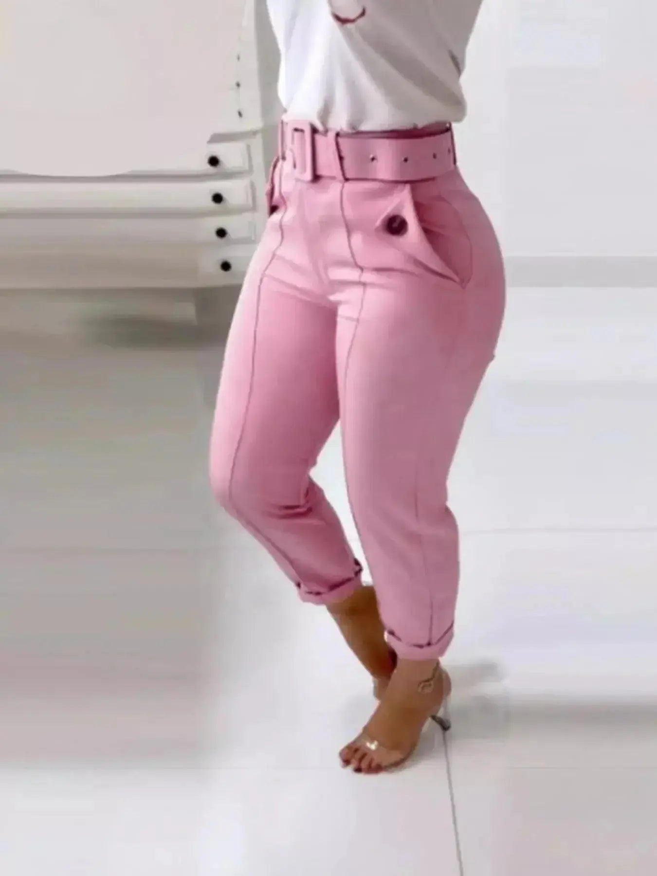 High Waist Belted Slim Fit Ankle Pants - DaisyDrop 