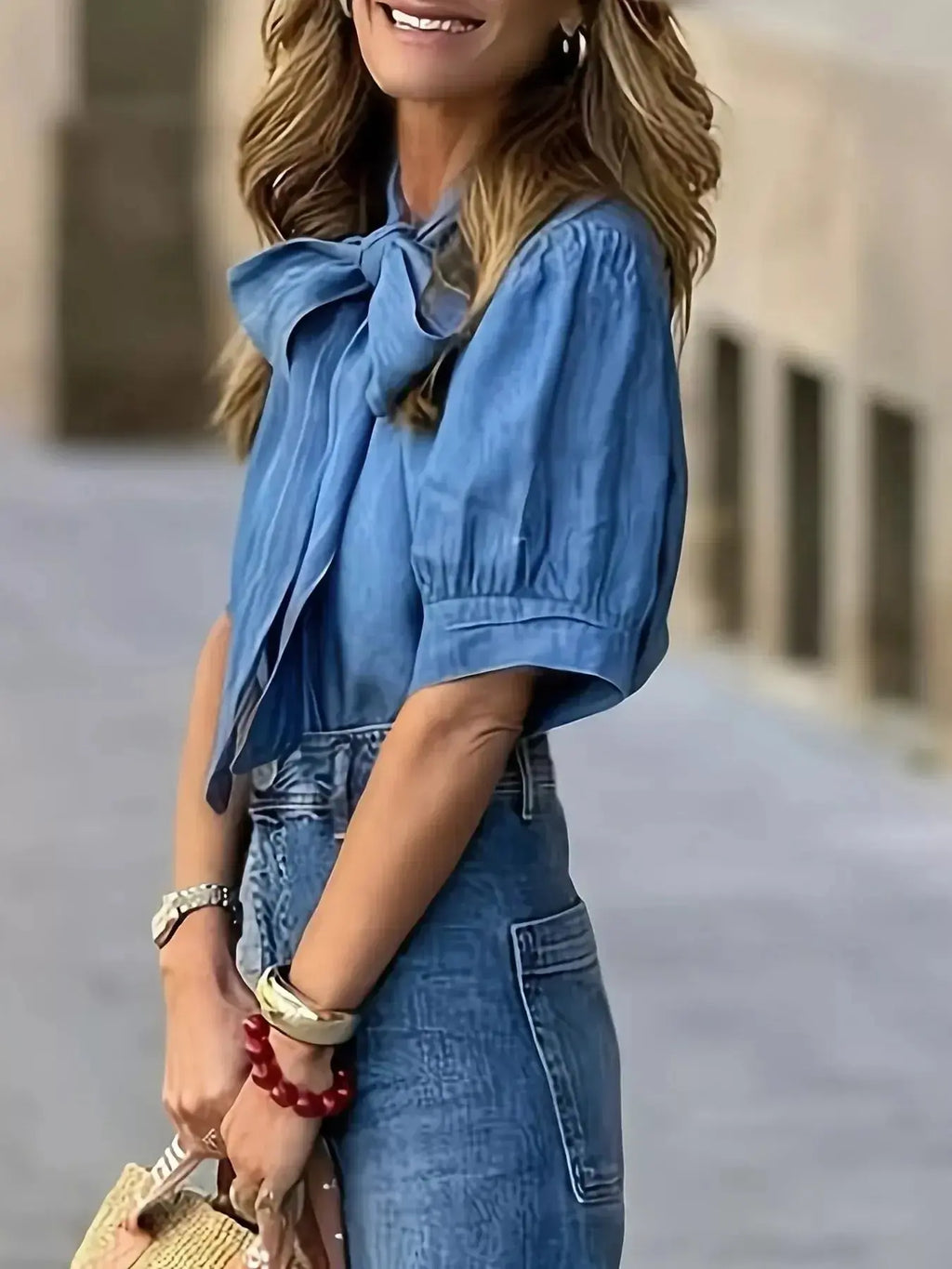 Bow-Tie Puff Sleeve Blouse - DaisyDrop 