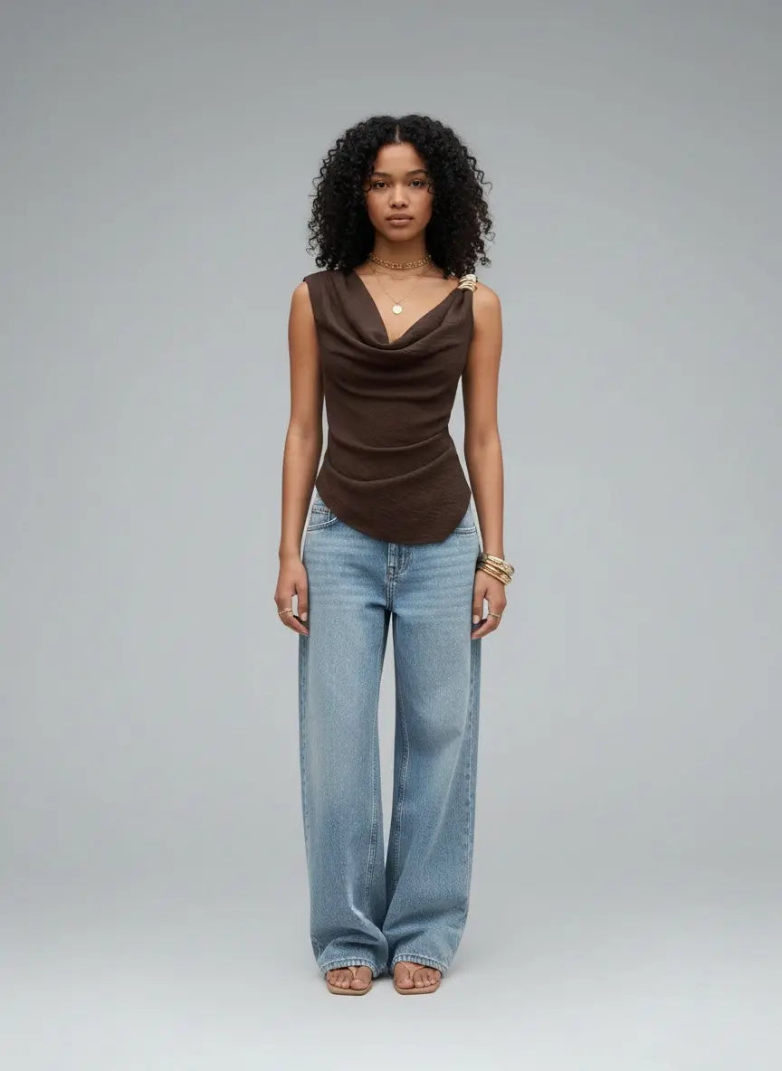 Full body view of the model wearing Cowl Neck Cami Top