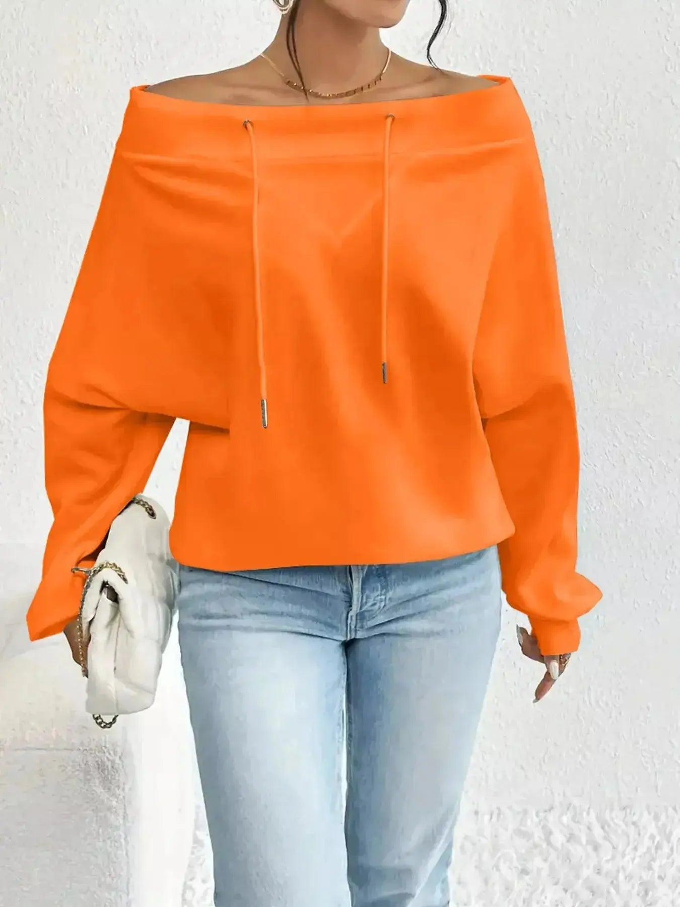 Full Size Off-Shoulder Drawstring Long Sleeve Top Plus Size - DaisyDrop 