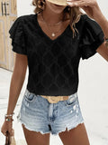 Eyelet V-Neck Short Sleeve Blouse - DaisyDrop 