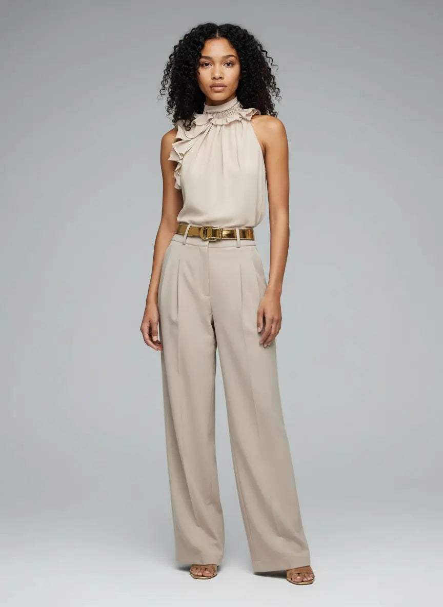 Full body view of the model wearing Ruffle High Neck Sleeveless Top