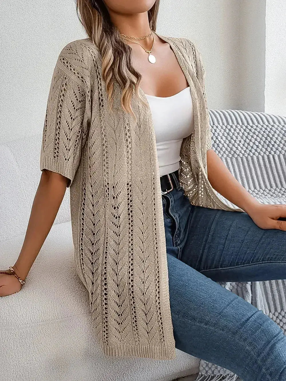 Openwork Open Front Half Sleeve Cardigan - DaisyDrop 