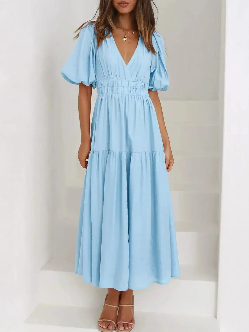 V-Neck Puff Sleeve Midi Dress - DaisyDrop 