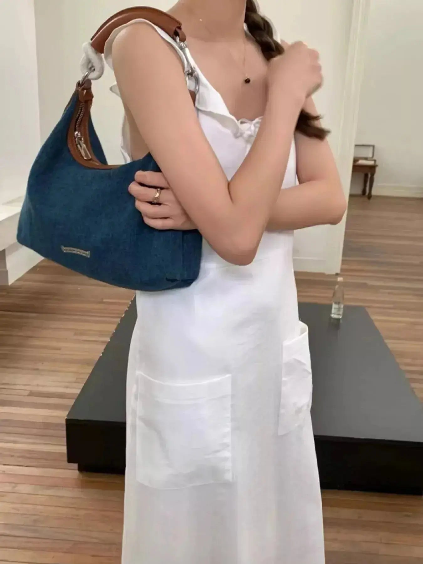 Denim Shoulder Bag with Leather Handle - DaisyDrop 