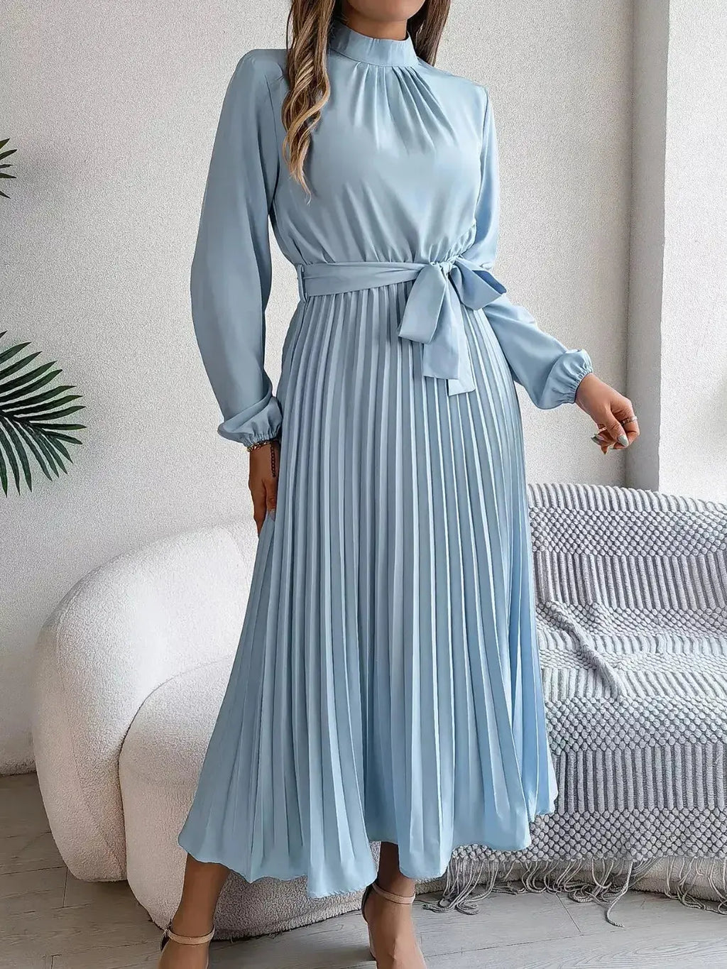 Mock Neck Pleated Midi Dress - DaisyDrop 