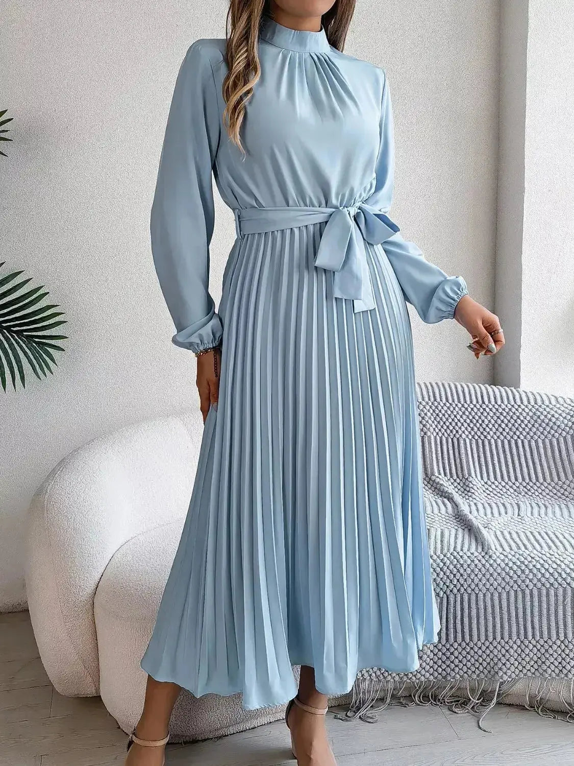 Mock Neck Pleated Midi Dress - DaisyDrop 