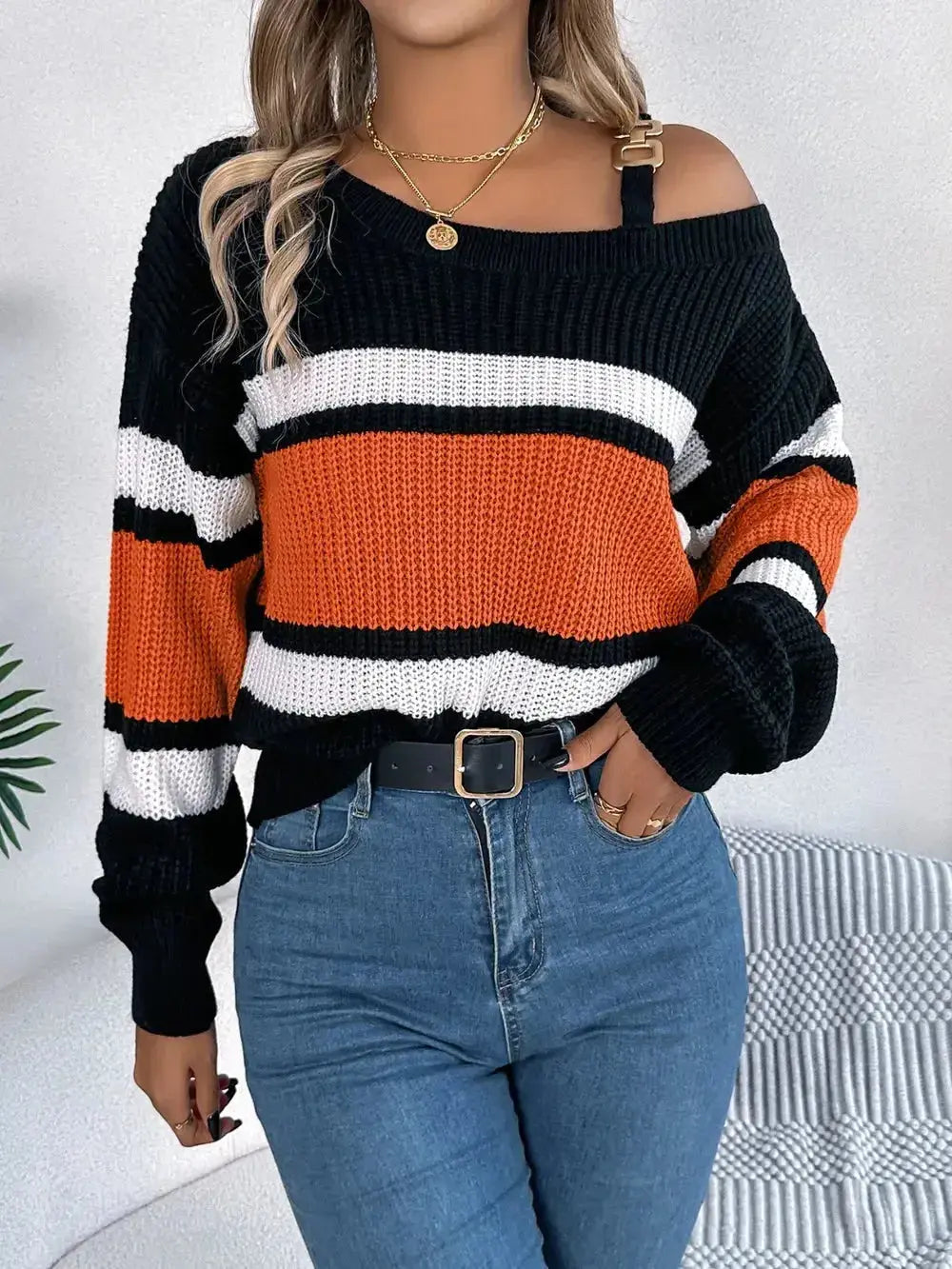 Color Block Asymmetrical Neck Long Sleeve Sweater - DaisyDrop 