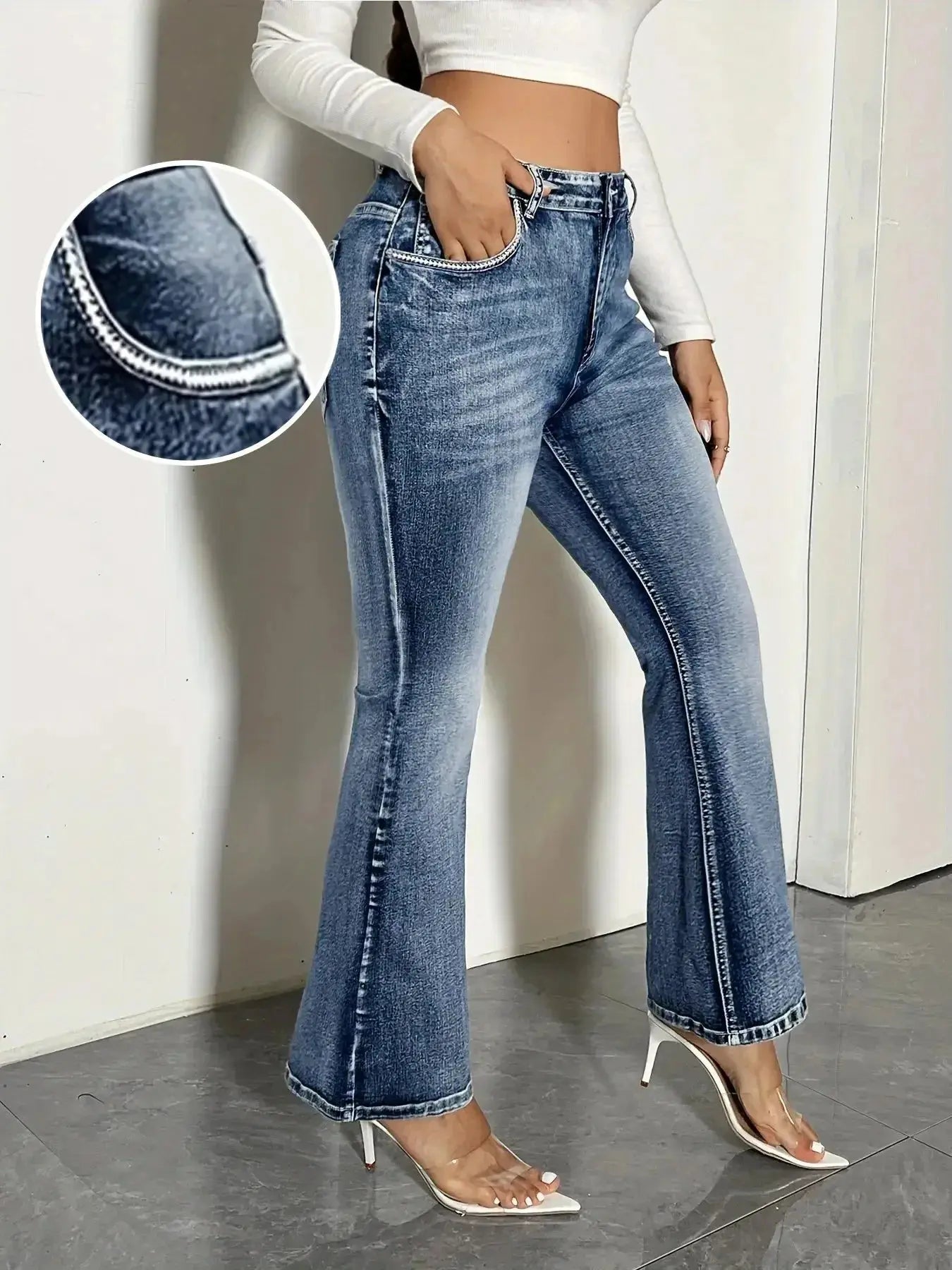 High Waist Vintage Wash Flare Denim Jeans - DaisyDrop 