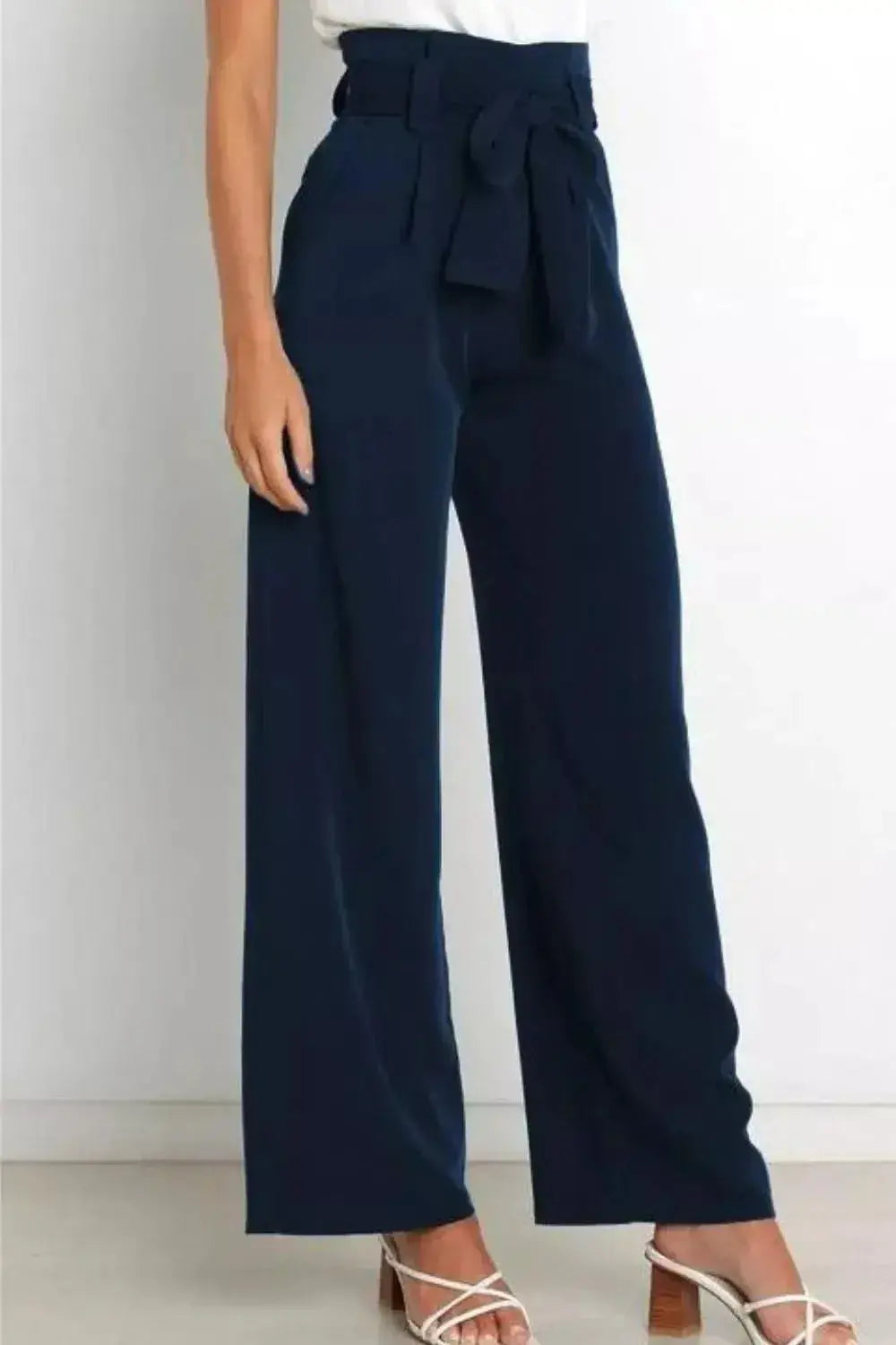 High Waist Tie Front Wide Leg Pants - DaisyDrop 