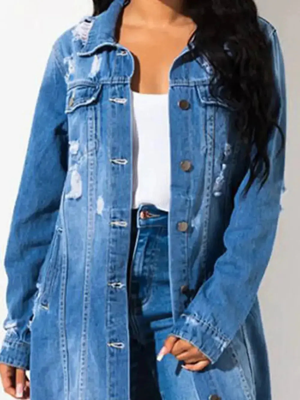 Long Sleeve Raw Hem Denim Jacket - DaisyDrop 