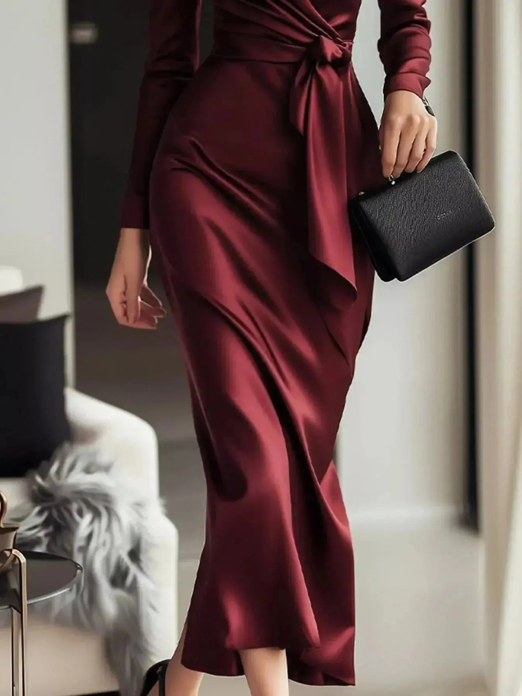 Satin Wrap Long Sleeve Midi Dress - DaisyDrop 
