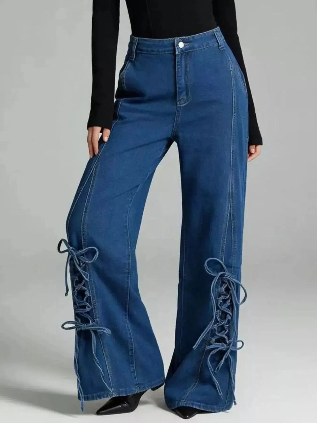 Lace-Up Wide Leg Jeans - DaisyDrop 