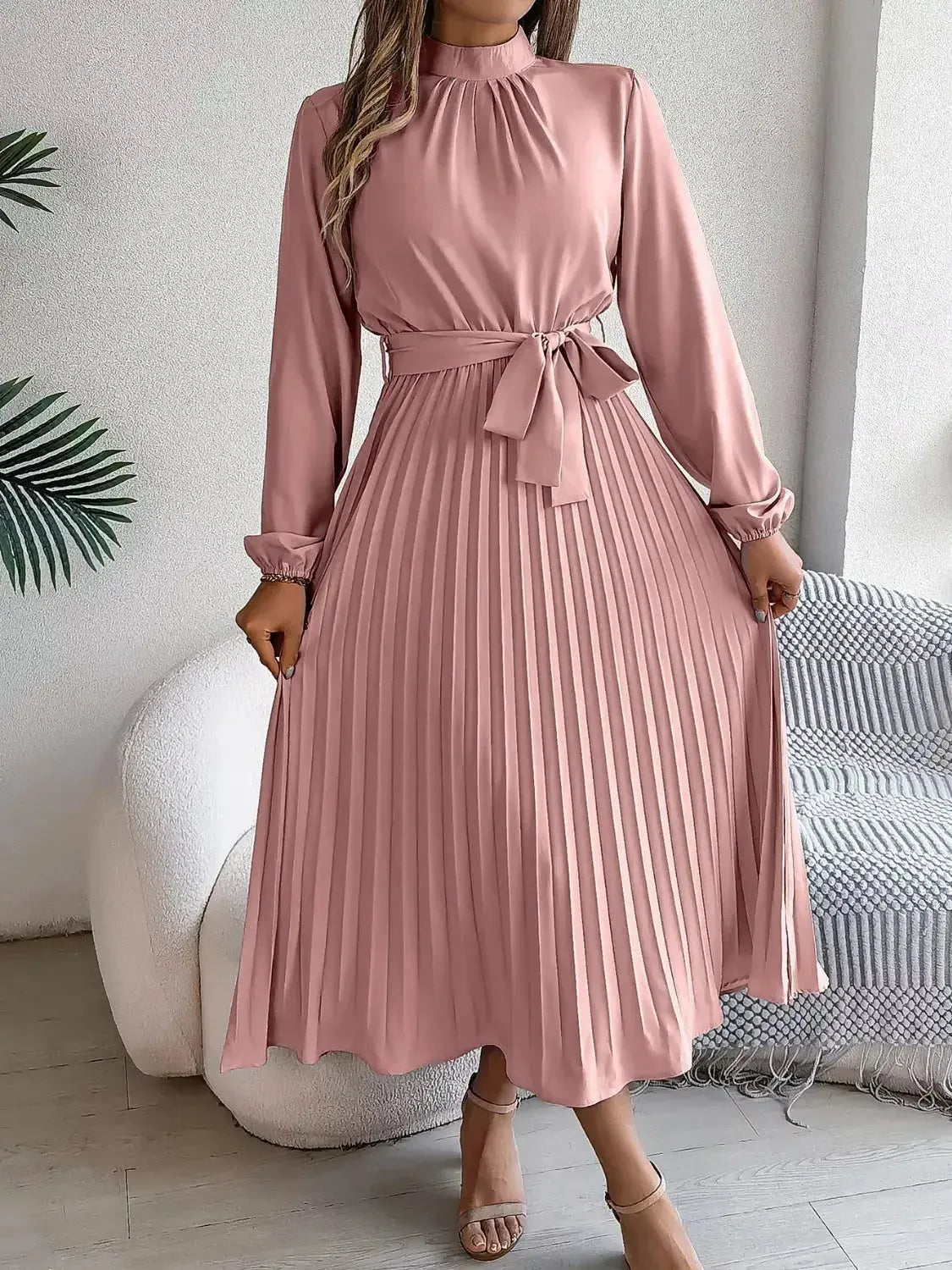Mock Neck Pleated Midi Dress - DaisyDrop 