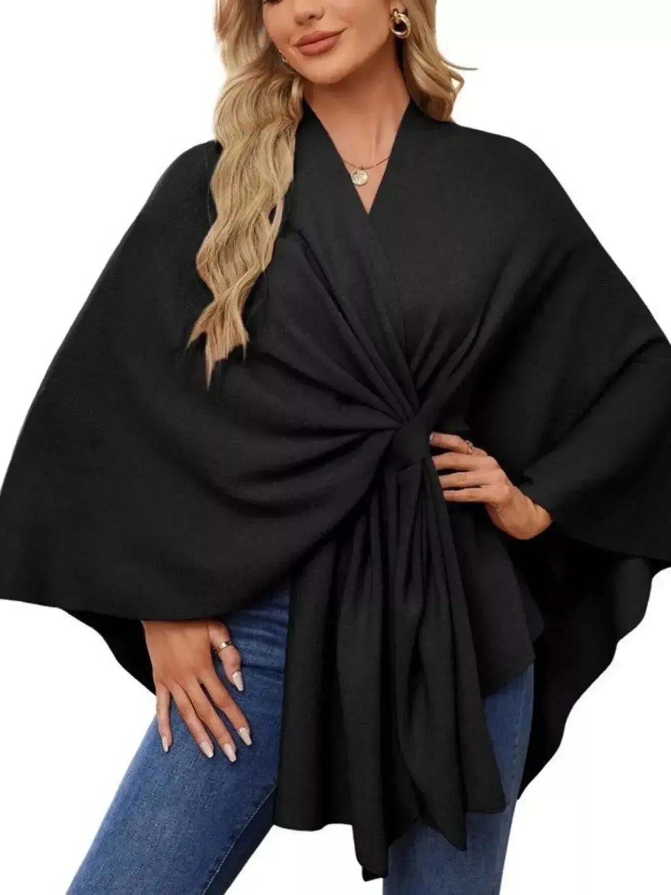 Solid Color Tie-Front Knit Cape Top - DaisyDrop 