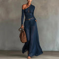 Fashionable Simple Solid Color Asymmetrical Shoulder Long Sleeve Casual Set with Belted Long Dress eprolo