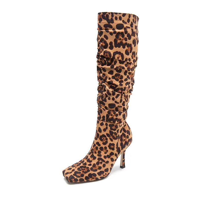 Leopard Print High-Heeled Boots Square Head Thin Heel eprolo