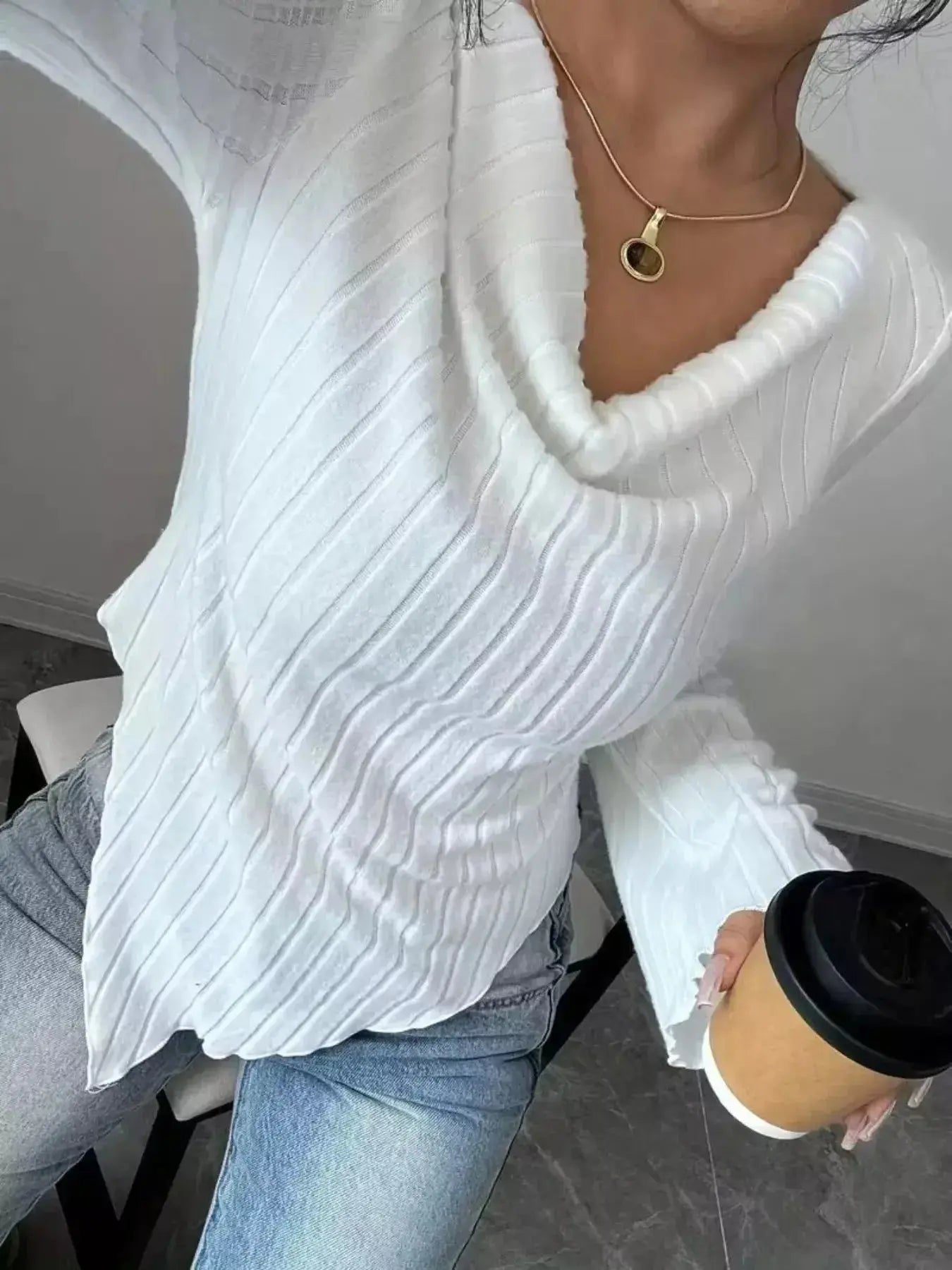 Cowl Neck Ribbed Knit Top - DaisyDrop 