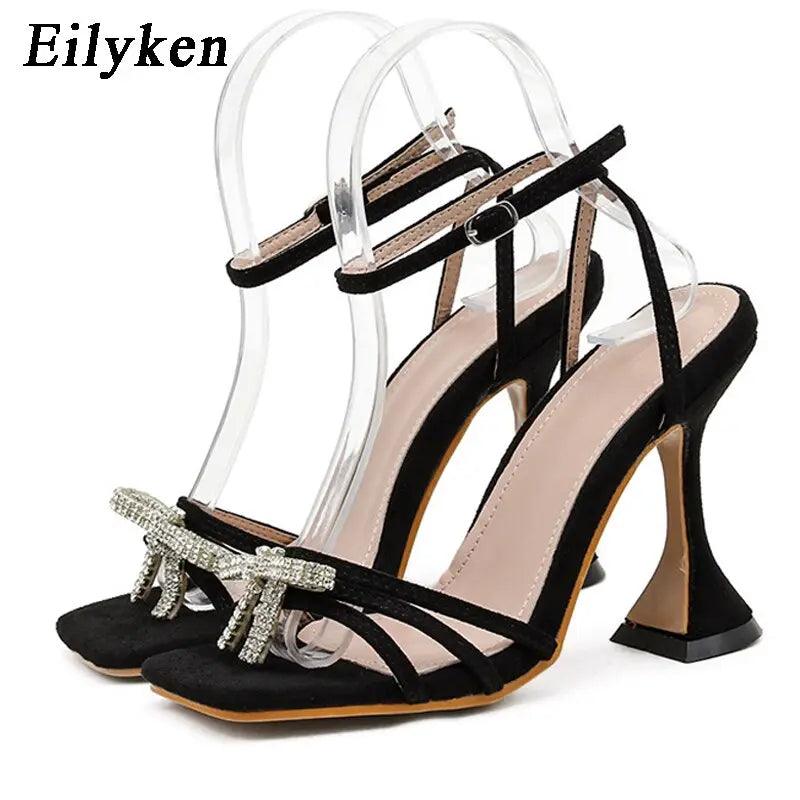Rhinestone Bowknot Women High Heels Sexy Square toe Ankle Buckle Strap eprolo