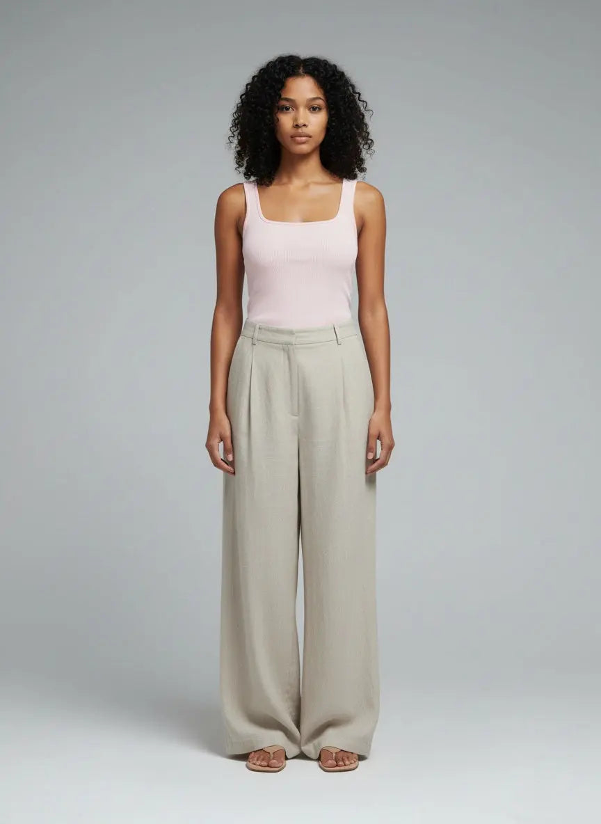 Full body view of the model wearing Ribbed Knit Slim Fit Tank