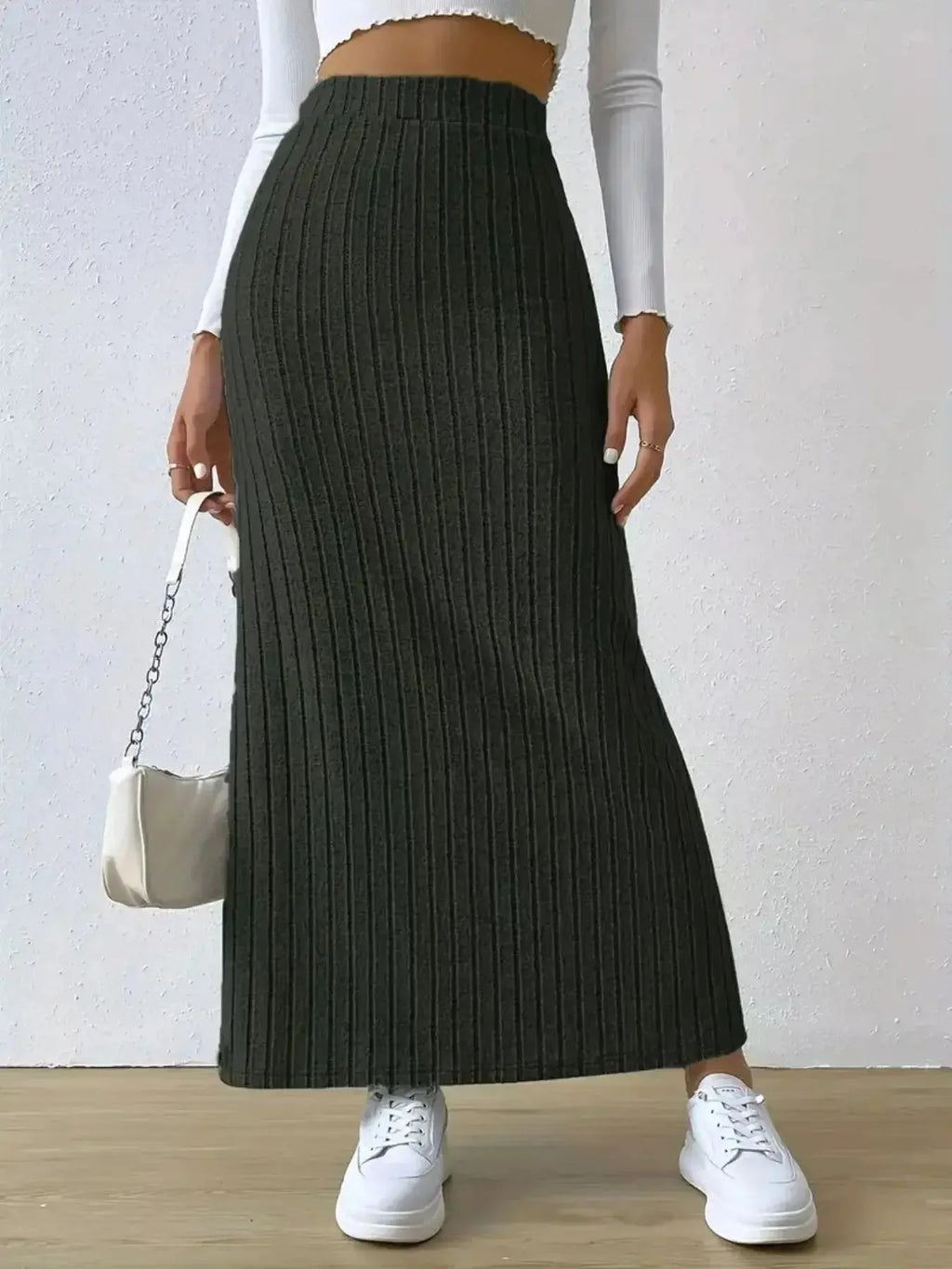 High Waist Ribbed Knit Maxi Skirt - DaisyDrop 