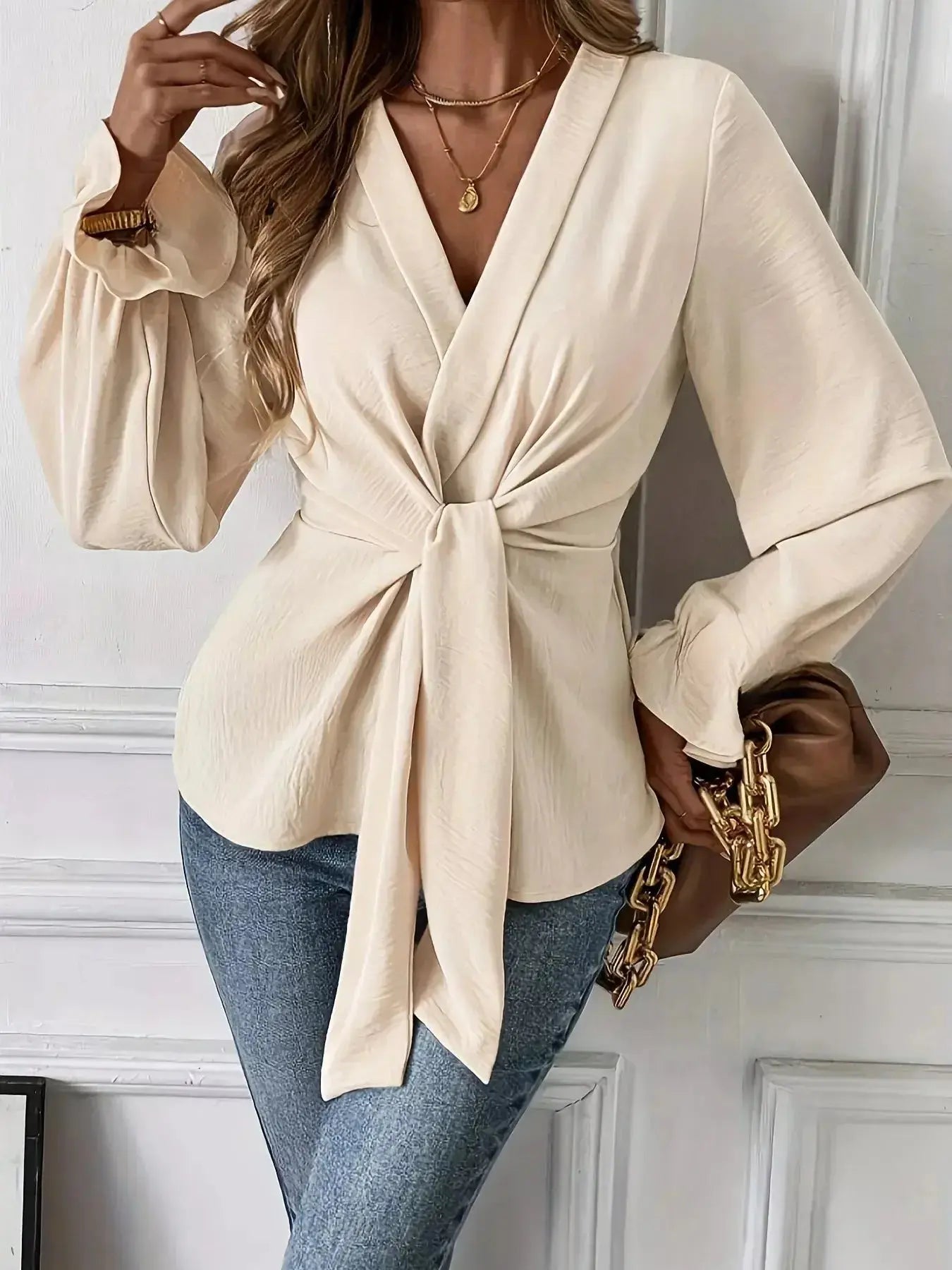 Knot Front Flounce Sleeve Blouse - DaisyDrop 