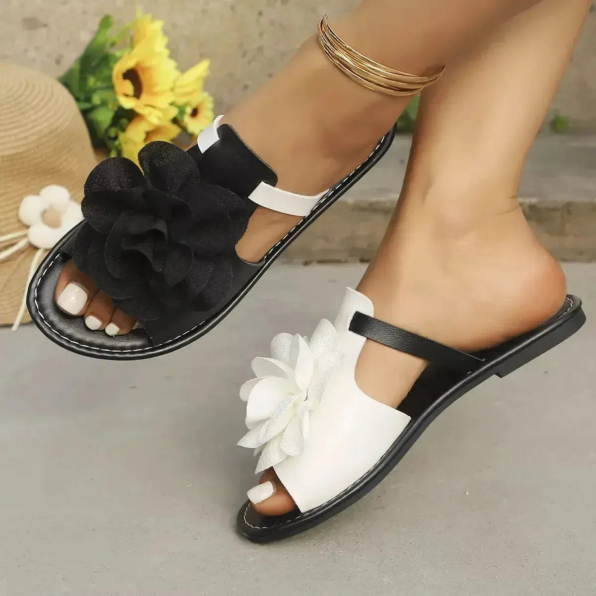 Flower Open Toe Flats Sandals - DaisyDrop 