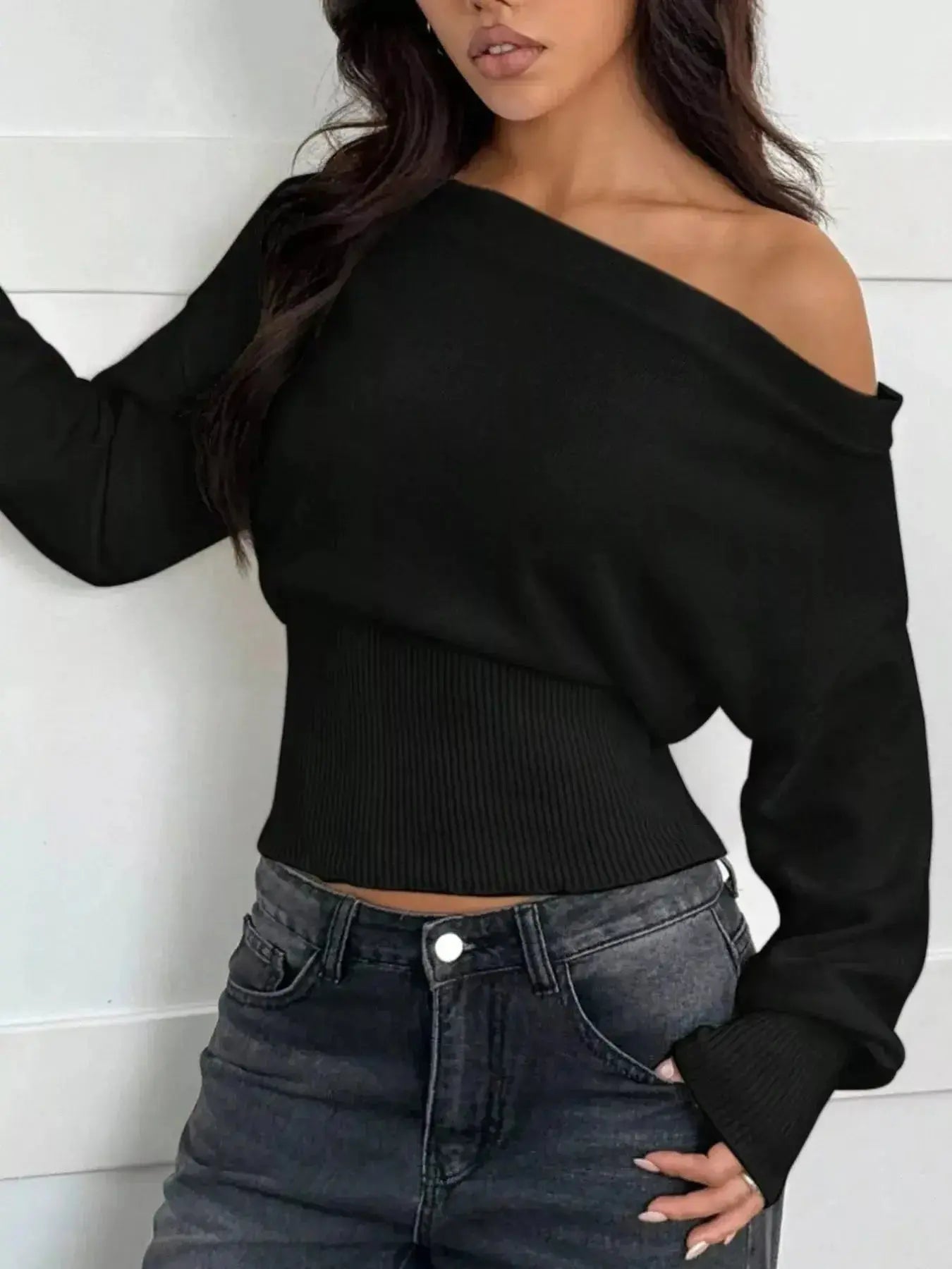 One Shoulder Cropped Sweater - DaisyDrop 