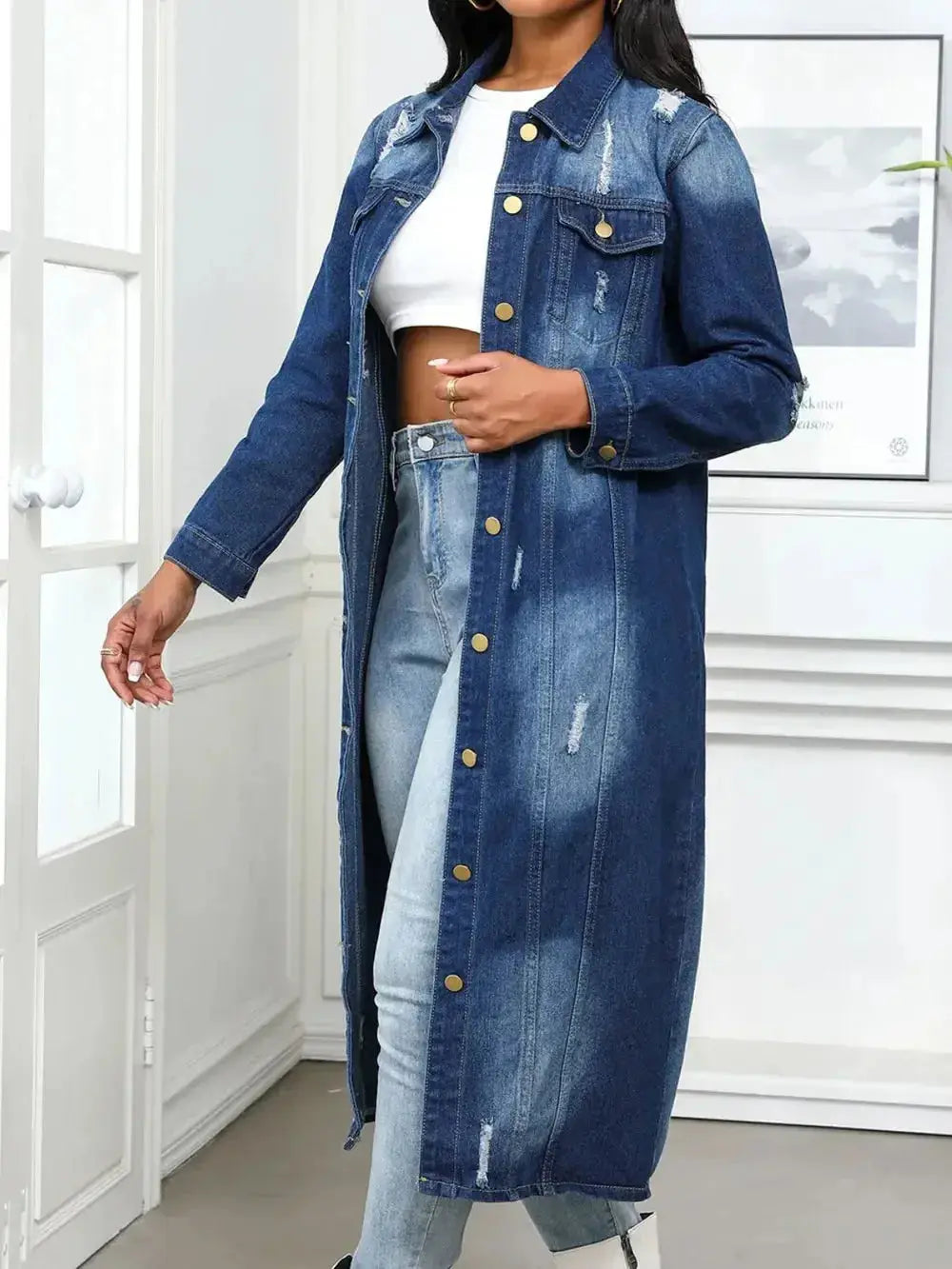 Distressed Button Up Collared Neck Denim Top - DaisyDrop 
