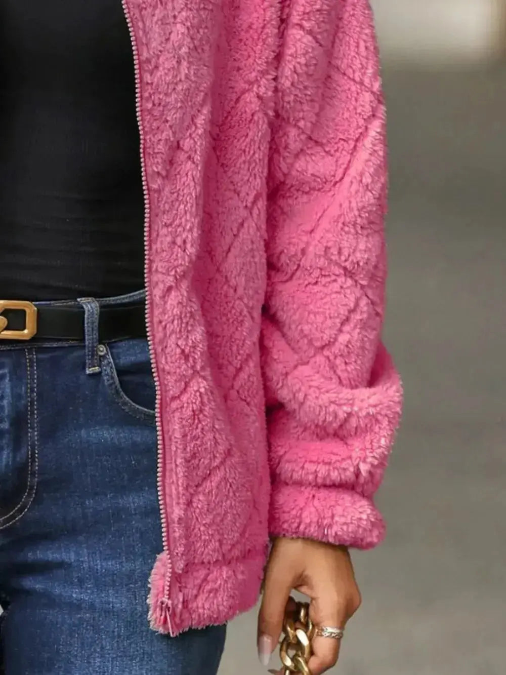 Fuzzy Pocketed Zip Up Jacket - DaisyDrop 