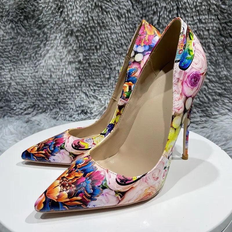 Floral Painting Print Pointy Toe High Heel eprolo