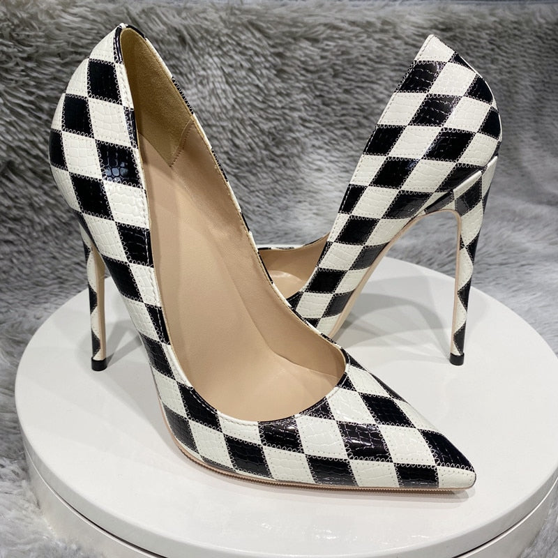 Tikicup Black White Diamond Crocodile Effect Women Pointy Toe High Heel