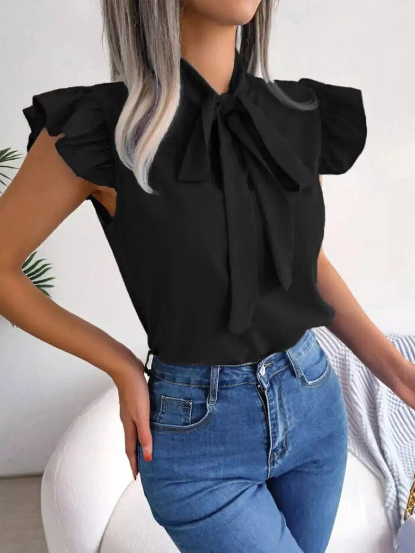 Bow Tie Ruffle Sleeve Blouse - DaisyDrop 