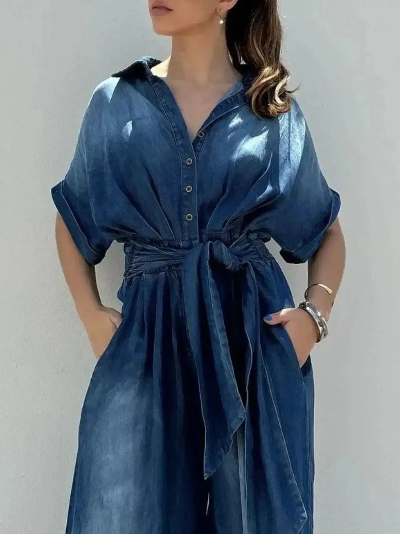Button Front Wide Leg Denim Jumpsuit - DaisyDrop 