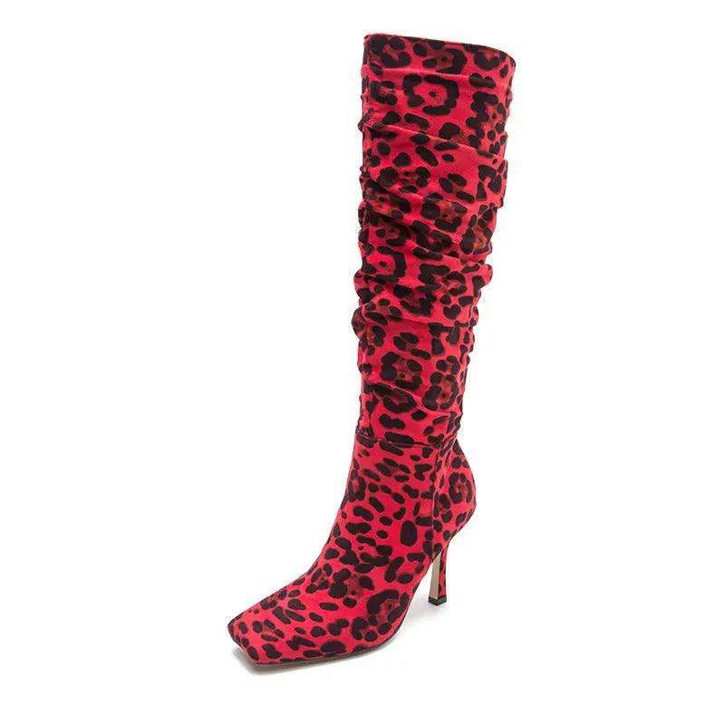 Leopard Print High-Heeled Boots Square Head Thin Heel eprolo